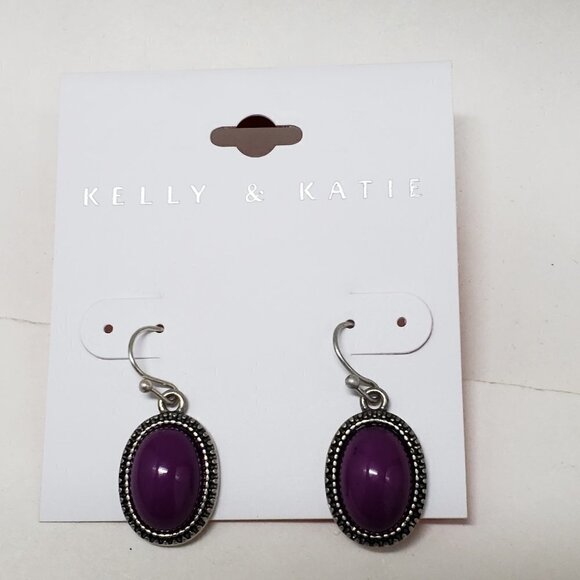 Women's Silver tone Dainty Design Purple Stone Oval Fishhook Teardrop Earrings - Picture 7 of 7